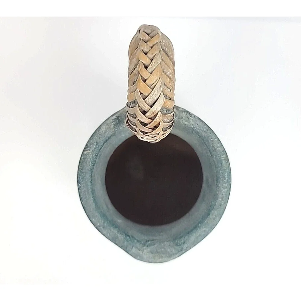 Vintage Coastal Rattan Wrapped Blue Terra‎ Cotta Pitcher 8.25
